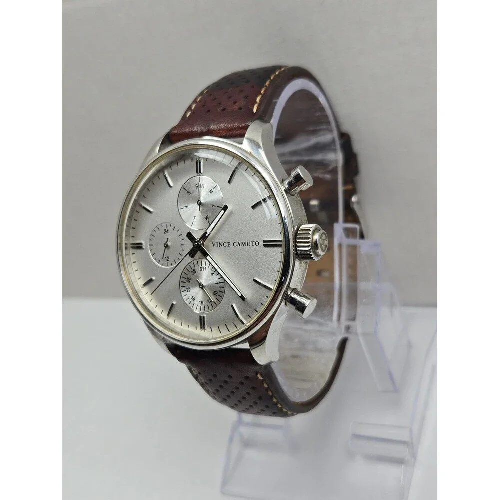 Vince Camuto Mens 42mm Watch VC1101SV Silver Tone Multi Dial Leather New Battery